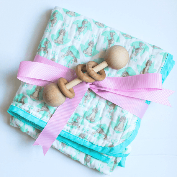Yoga Dog Swaddle & Matching Doll Set in Green | swaddle + baby doll | www.newwavesupplyco.com