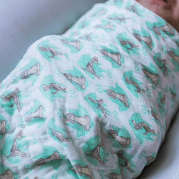 Yoga Dog Swaddle & Matching Doll Set in Green | swaddle + baby doll | www.newwavesupplyco.com